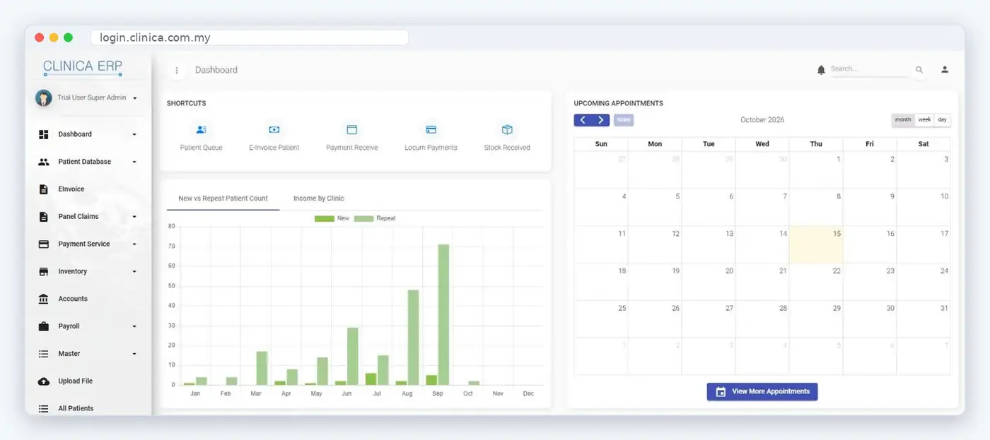 Clinica ERP dashboard showing shortcuts, new vs repeat patient chart and appointment calendar (demo clinic)