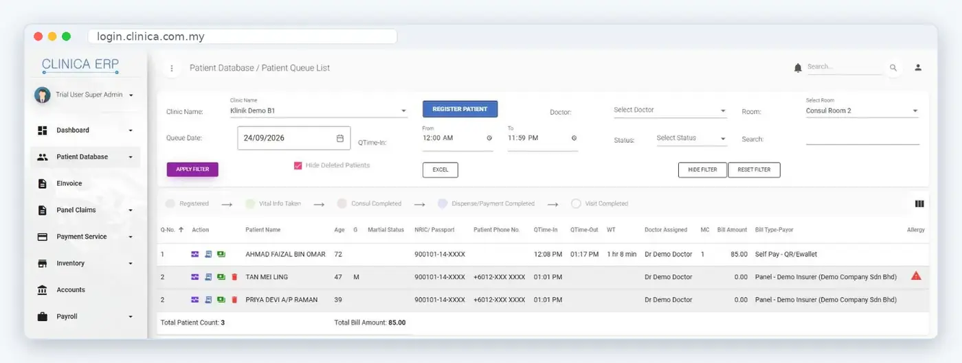 Clinica ERP patient queue list showing visit status, doctor, bill amount and panel payor (sample patient data)